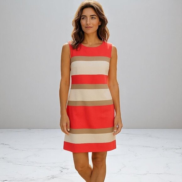 Studio One Colorblock Shift Dress 8 Sleeveless Coral Stripe Work to Weekend Chic - Picture 5 of 5